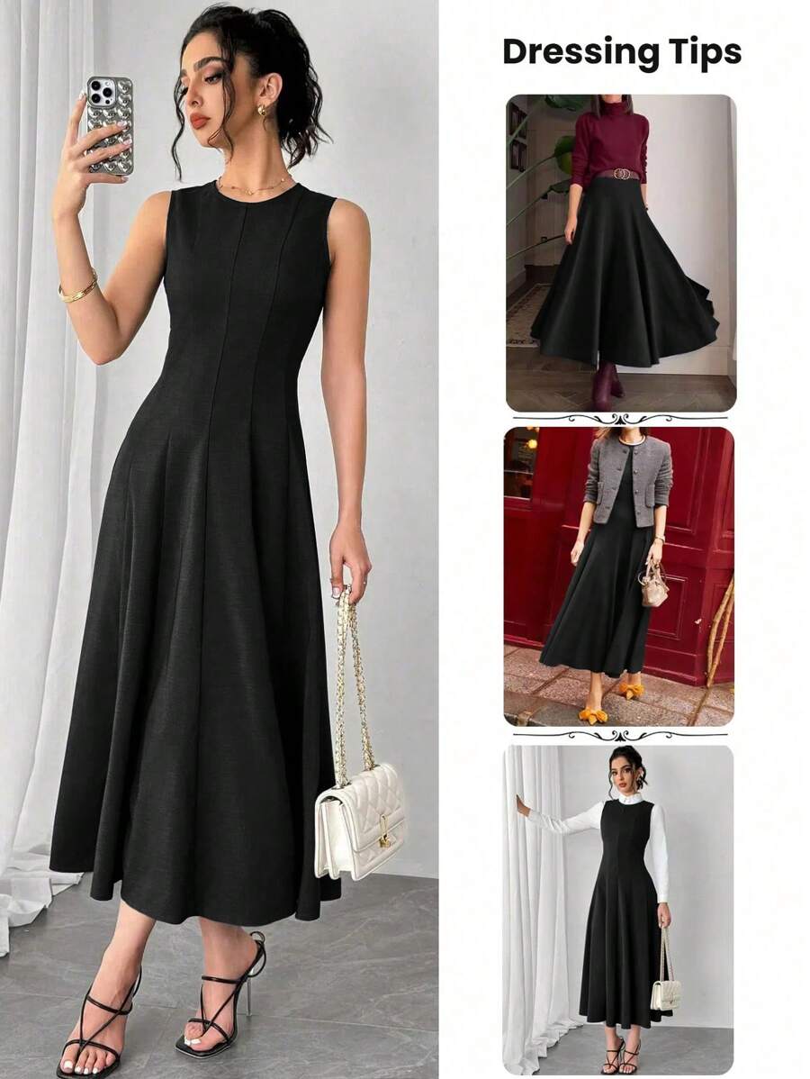 Calvaya Sleeveless Round Neck Waisted A-Line Casual Midi Dress, Versatile Daily Wear Maxi Women Outfit