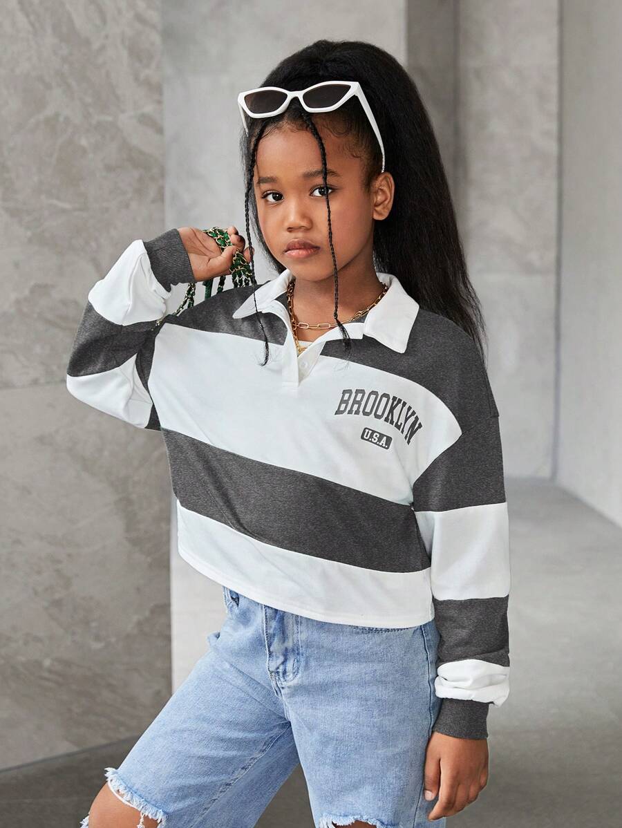 SHEIN Tween Girls Loose Casual Contrast Color Splice Shirt Collar Letter Print Cropped Long Sleeve Sweatshirt