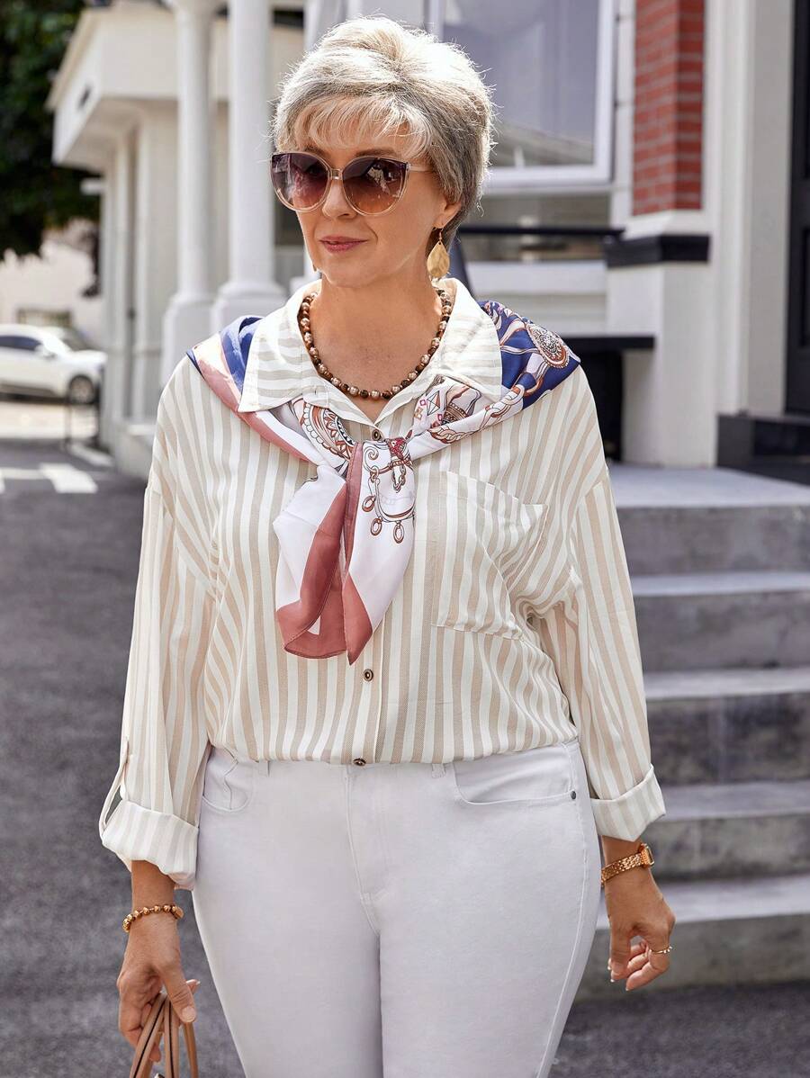 EMERY ROSE Plus Size Winter Clothes For Women Casual Striped Print Front Button Down Pockets Long Sleeve Shirt,