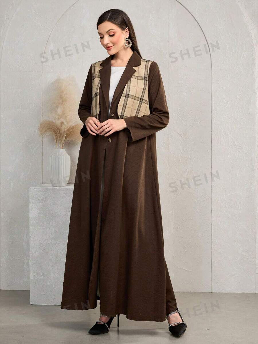 Al Najma Abaya de manga larga de uso diario casual con bloques de color a cuadros, abayas modestas elegantes con botones para uso diario casual/trabajo
