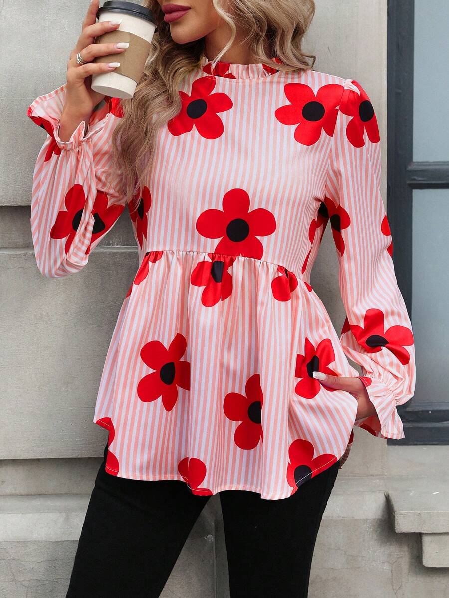 SHEIN LUNE 2024 Autumn New Floral Print Pink Cute Ladies Shirt Blouse