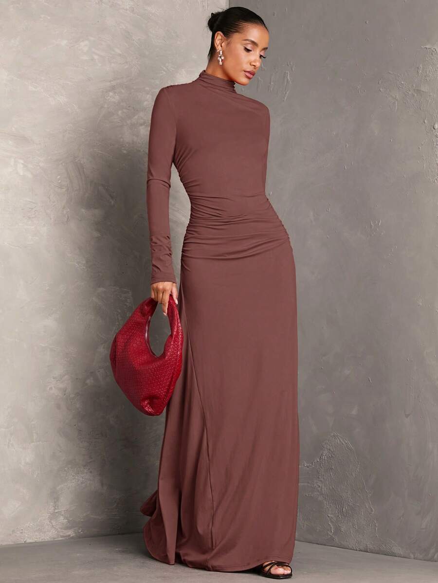 SHEIN BAE Women Solid Color Stand Collar Long Sleeve Pleated Dress, Fall Wedding Guest Dress, Dress Elegant, Winter Women Dress, Fall Women Dresses, Concert Women Outfit