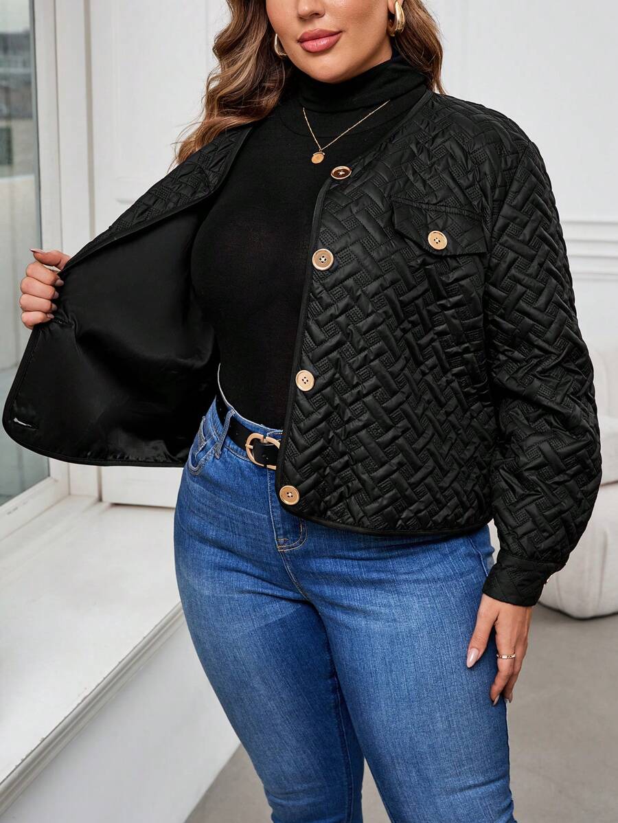SHEIN Clasi Plus Size Winter Women Quilted Elegant Turnover Collar Short Jacket, Winter Coat