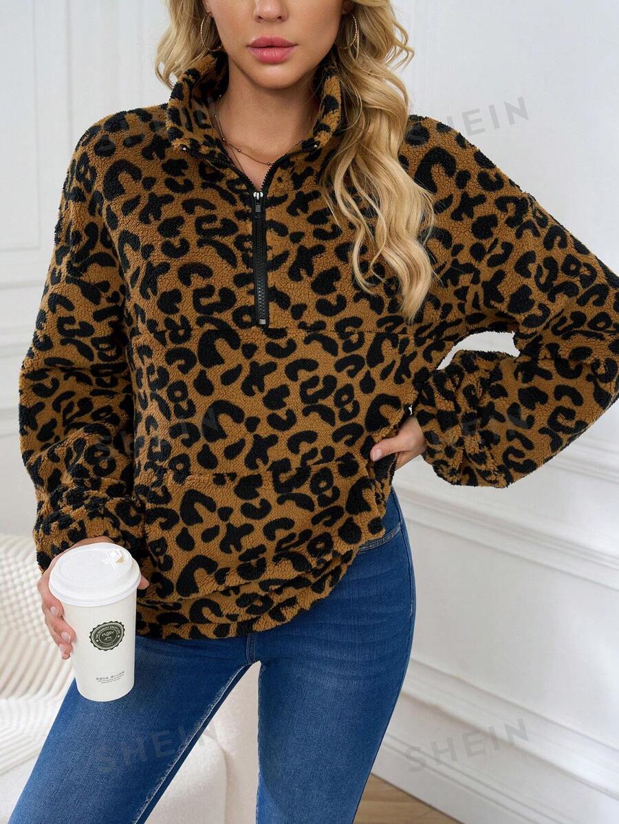 INAWLY Sudadera holgada de casual para otoño/invierno de mujer con estampado de leopardo, manga larga de hombros caídos y cremallera media