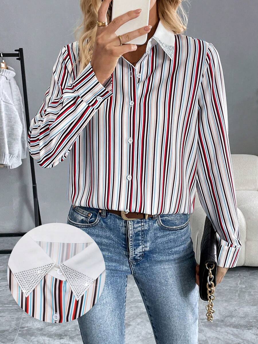 SHEIN Clasi Women's Front Button Long Sleeve Striped Collared Blouse, Minimalist Casual Top For Daily Wear Women Shirt