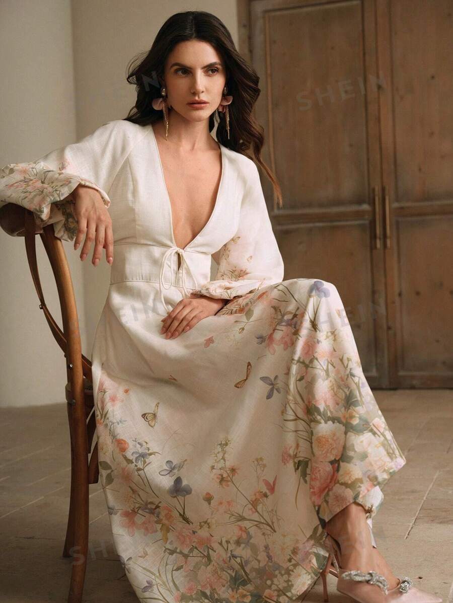 Anewsta 1 pieza Vestido largo de mujer con estampado floral y mezcla de lino, para vacaciones a principios del otoño