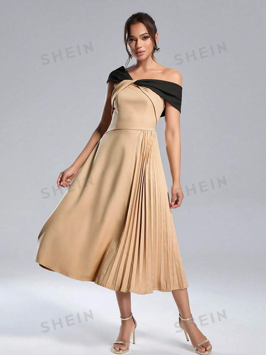 SHEIN Belle Vestido de fiesta elegante de mujer con bloque de colores, cuello asimétrico, cintura fruncida, para verano, semi formal, para fiesta de graduación, boda, invitados