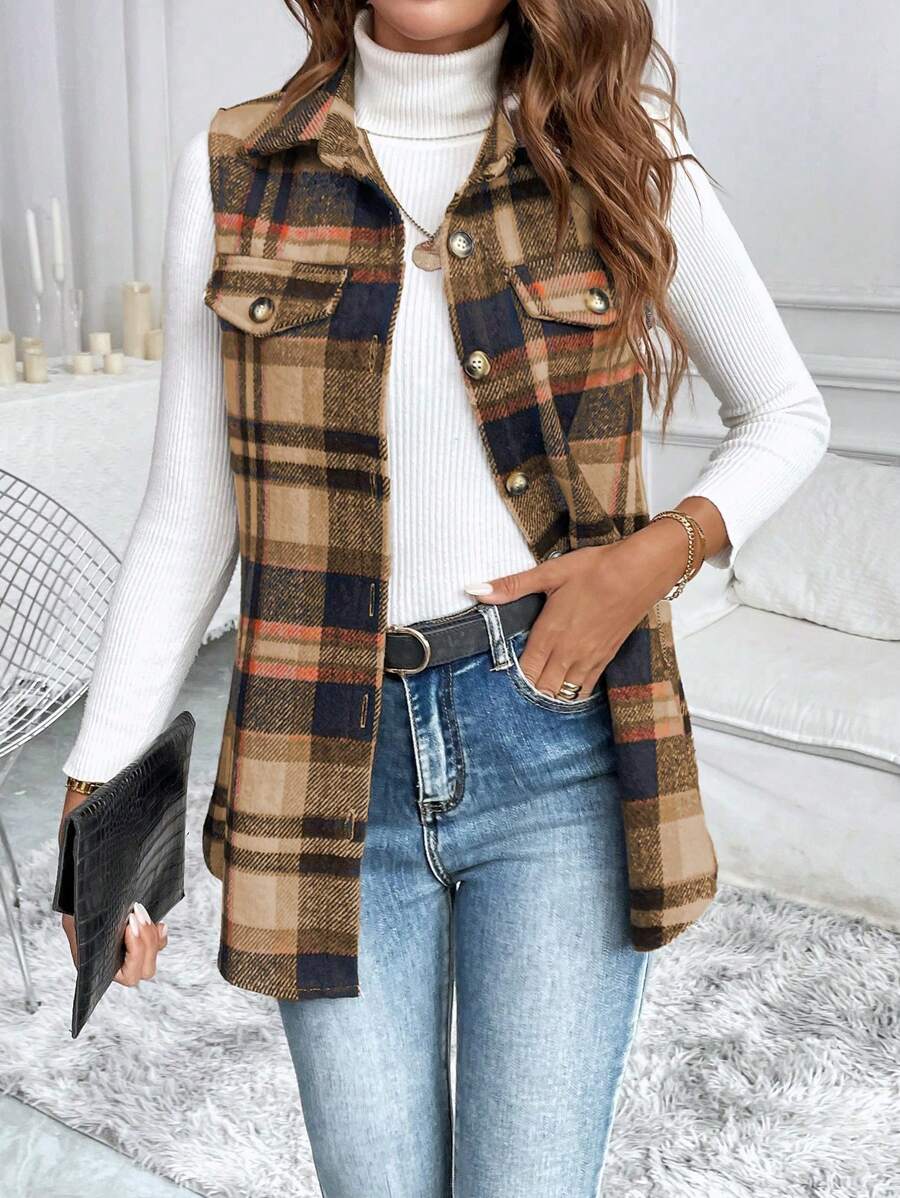 SHEIN LUNE Plaid Print Revers Voorkant Knoop Casual Mouwloos Vest Jasje