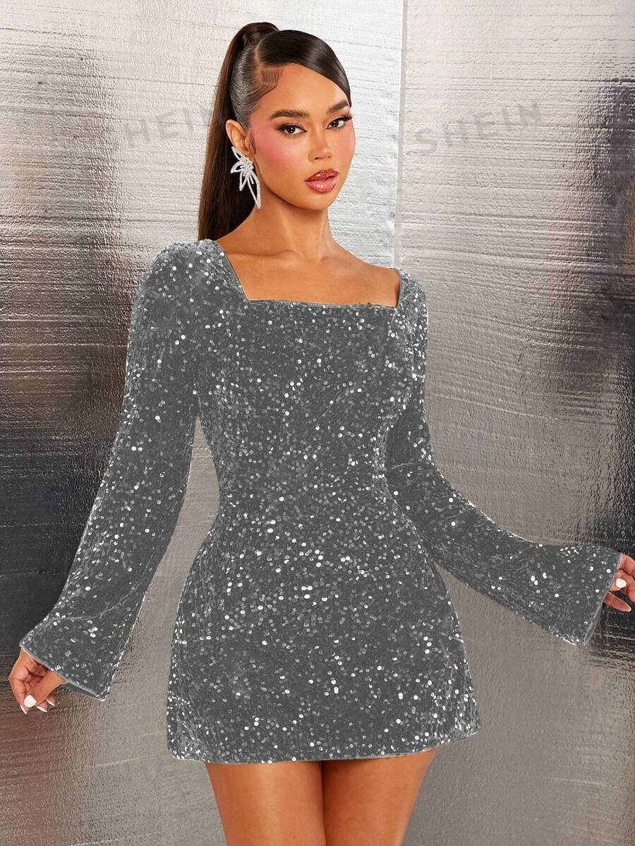 SHEIN SXY Vestido de fiesta de línea A con cuello cuadrado, mangas acampanadas, espalda descubierta, lazo en la espalda y decoración de lentejuelas para fiestas y clubes