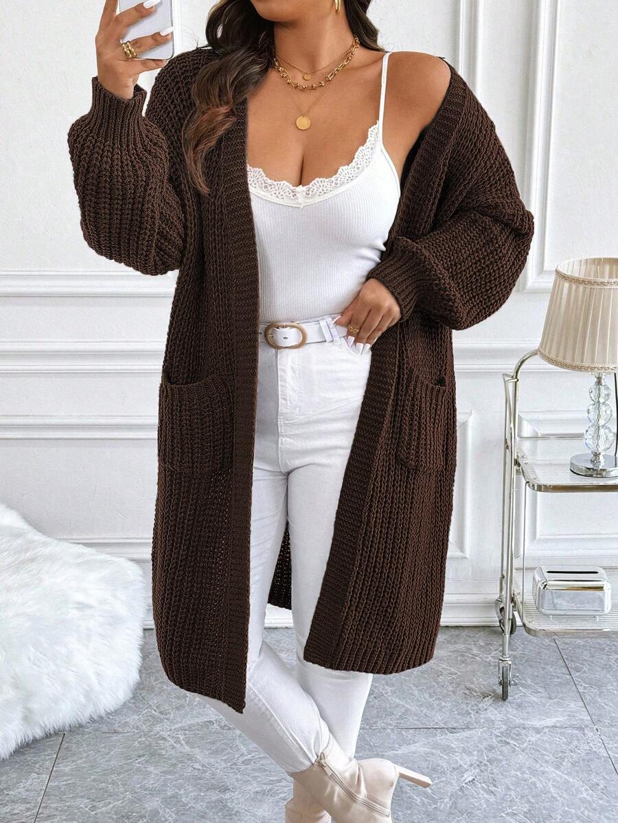 Calvaya Cárdigan largo de mujer de talla grande de unicolor con hombros caídos y mangas largas con bolsillos, casual y holgado, para otoño/invierno