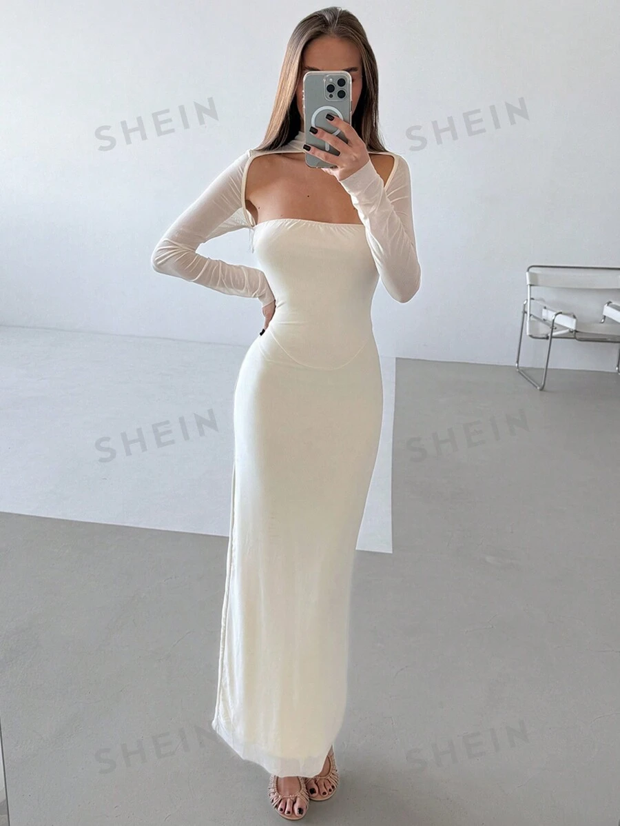 Aloruh 1 pieza Vestido ceñido de manga larga con detalles de malla transparente en color albaricoque para mujer, romántico para una cita