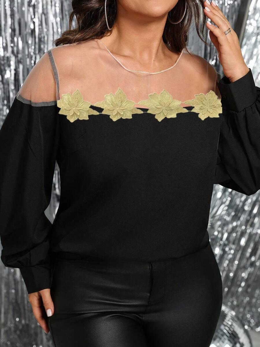 SHEIN Clasi Plus Size Women Black Woven Mesh Contrast Lace Trim Long Sleeve Elegant Blouse, Suitable For Christmas, Halloween Party, Autumn/Winter