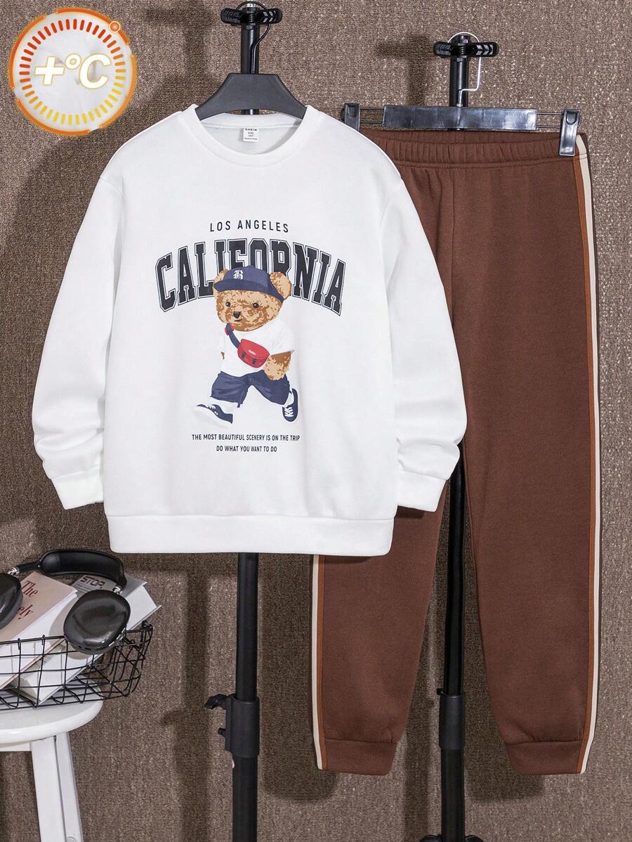Tween Boy Casual Bear Graphic Sweatshirt And Pants Set, Suitable For Commuting, School, Daily Casual, Vacation, Sports Fits For Spring, Summer, Autumn, Winter Seasons