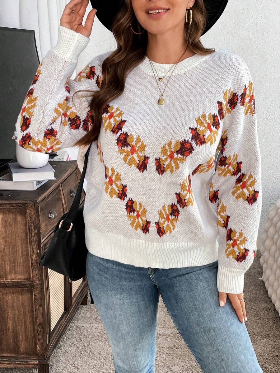 SHEIN LUNE Plus Size Women's Warm Comfortable Casual Western Style Floral Maple Leaf Autumn Pattern Jacquard Round Neck Pullover Autumn Winter Sweaterbusiness Casual Woman,Holiday Outfits,Country Tops