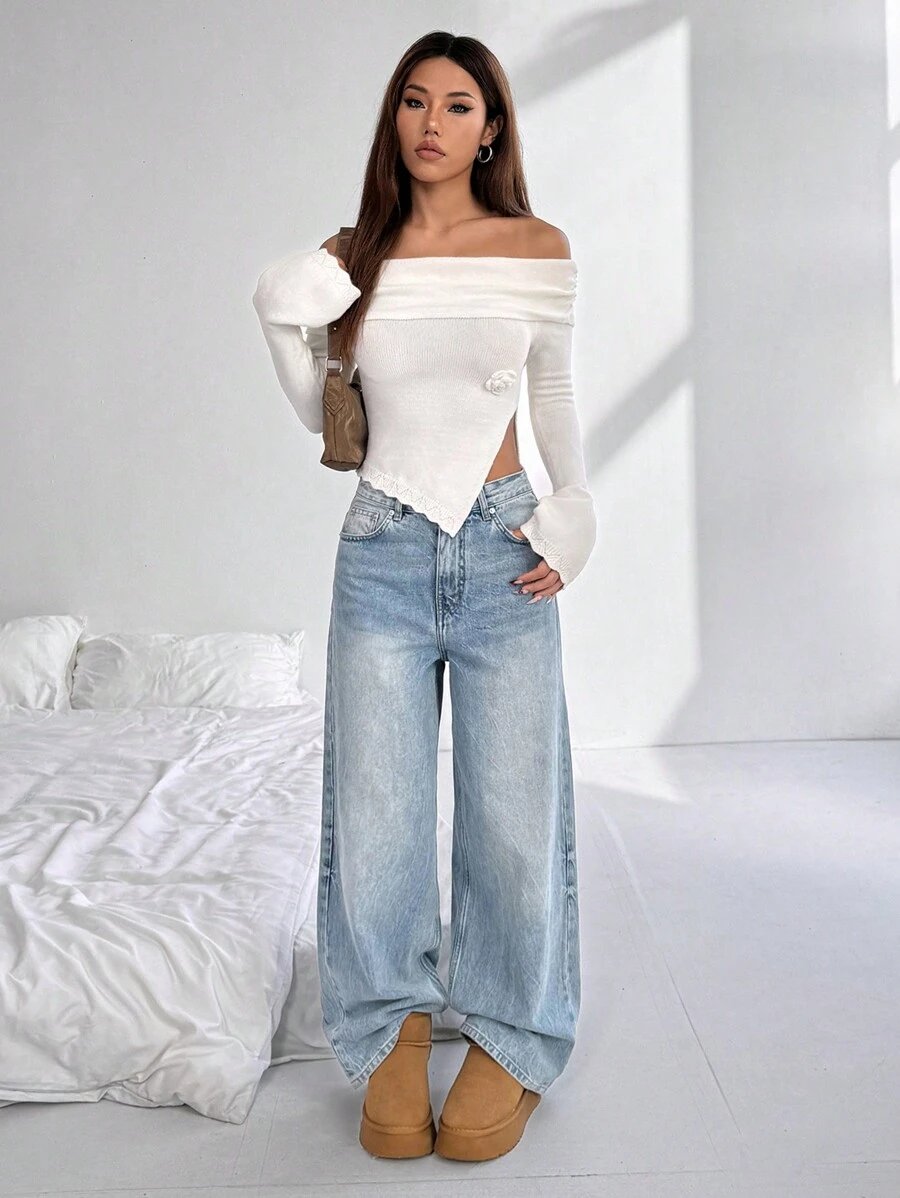 Flirla Casual Off-Shoulder Side Slit Sweater