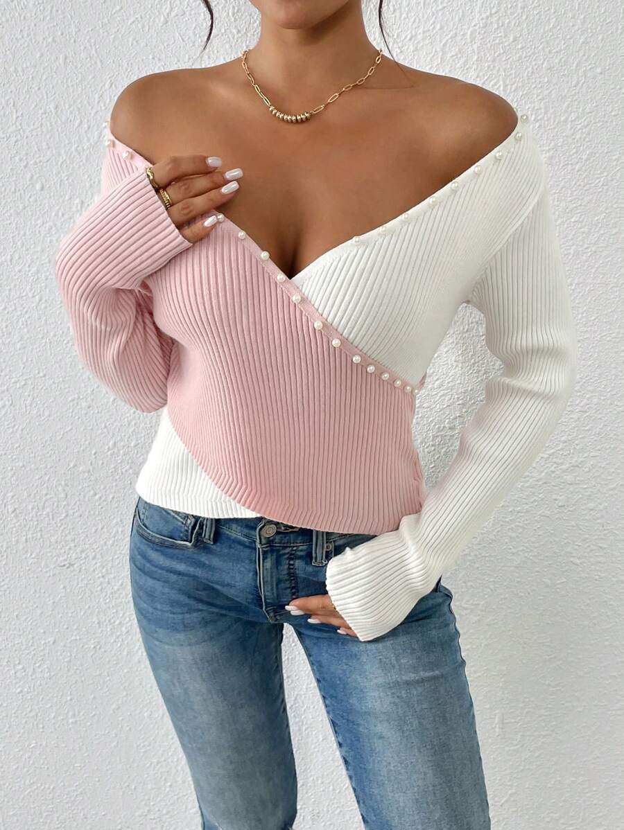 SHEIN Clasi Women's Elegant Commute Daily Ballet Style Slim Fashion Cross Design Slimming Beaded Detail Party Gathering V-Neck Autumn Winter Pullover Sweater Business Casual Woman,Work Wear,Fall Wedding Guest Dress,