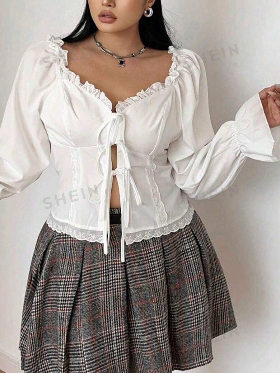 POPSWAY Blusa/camisa elegante y de moda para mujer con cuello cuadrado, mangas farol, cintura con volantes, detalles de encaje en contraste y cierre delantero de lazo, versátil para combinar en días festivos
