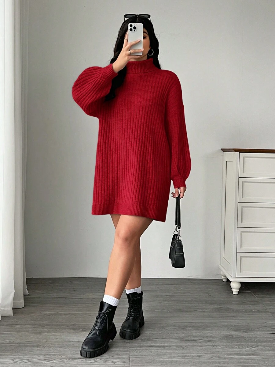 SHEIN EZwear Plus Size Turtleneck Loose Knit Lantern Sleeve Sweater Dress, Autumn/Winter