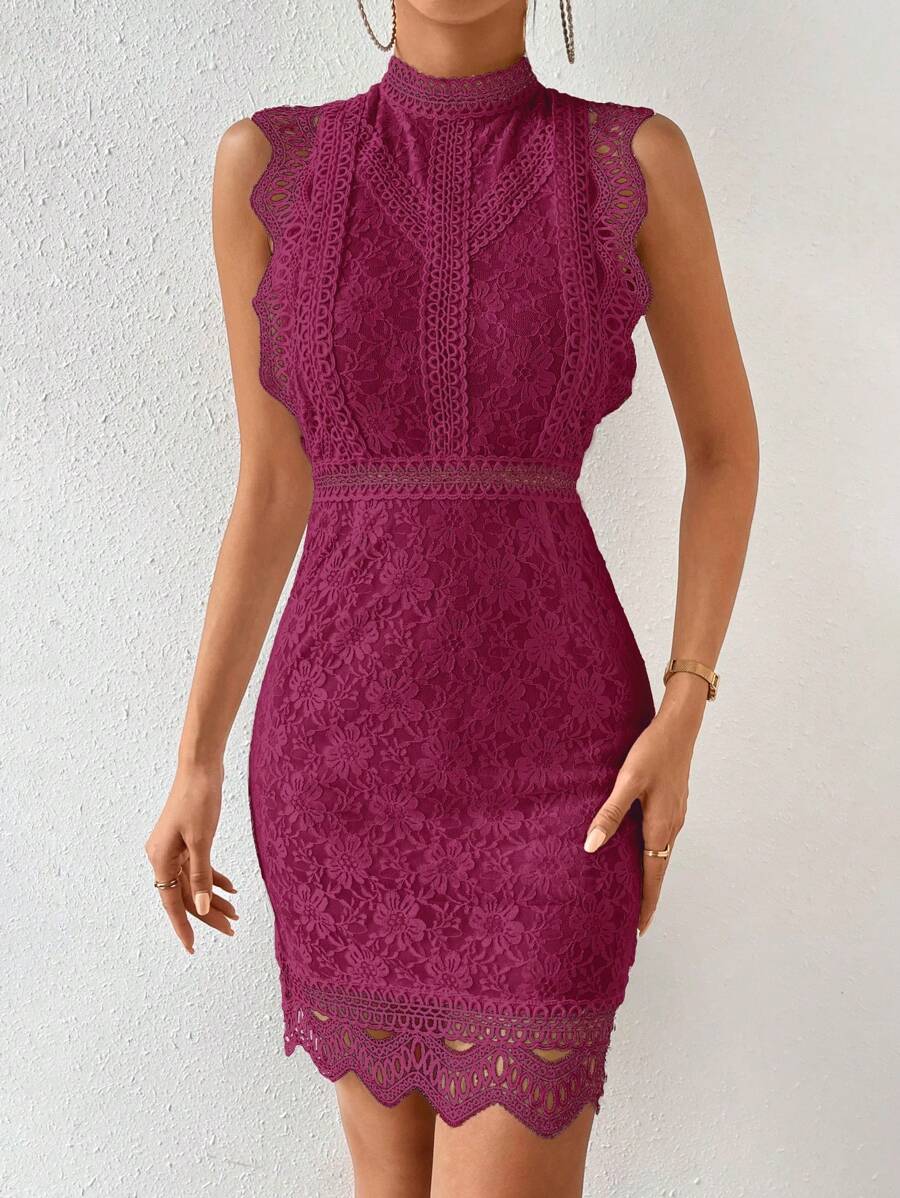 SHEIN Clasi 1pc Solid Color Stand Collar Lace Patchwork Fitted Sleeveless Dress