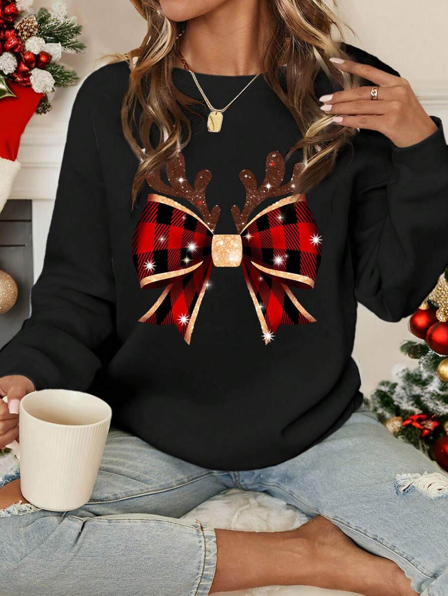 SHEIN LUNE Casual Bow & Antler Pattern Round Neck Long Sleeve Loose Women Hoodies, Autumn/Winter, Christmas