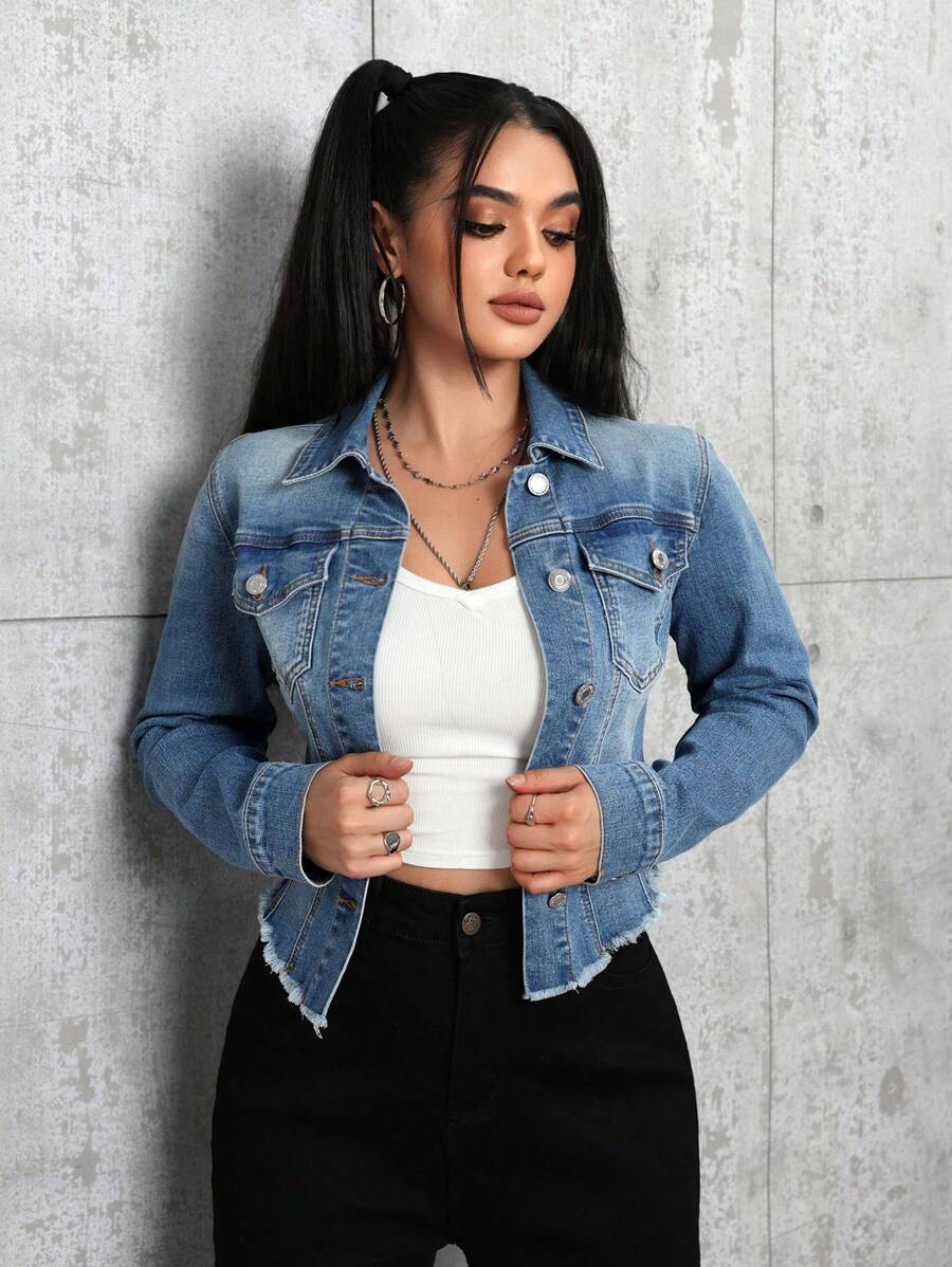 SHEIN PETITE Women's Single-Breasted Long Sleeve Denim Jacket With Fringe Trim, Autumn