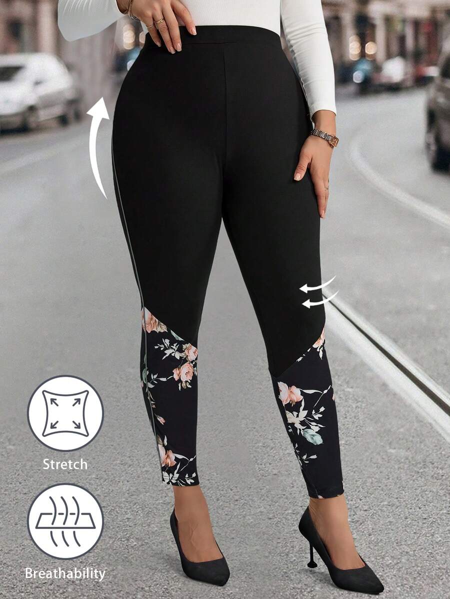 EMERY ROSE Plus Size Women Floral Print Patchwork Leggings For Autumn/Winter,Winter Clothes For Women