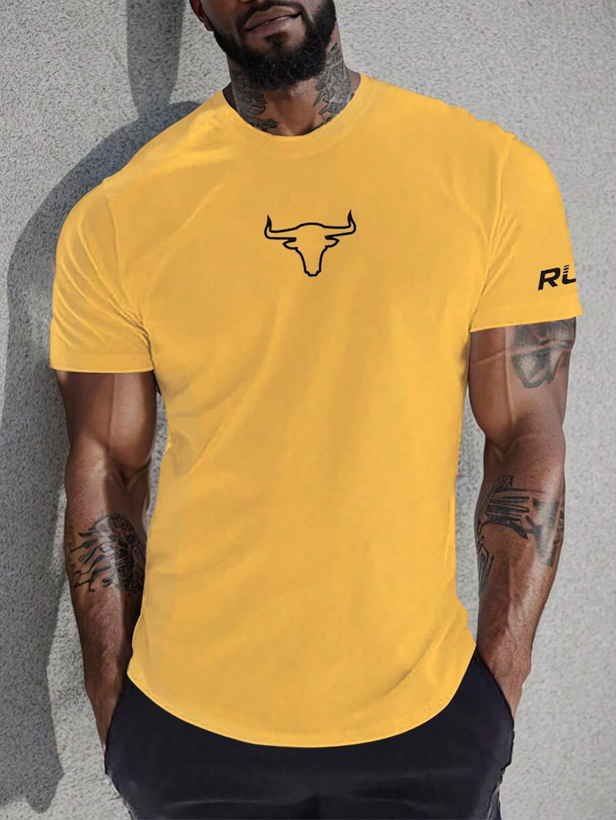 SHEIN Fitness Camiseta de manga corta casual y versátil de cuello redondo con estampado de letra y gráfico, estilo novio, para hombre