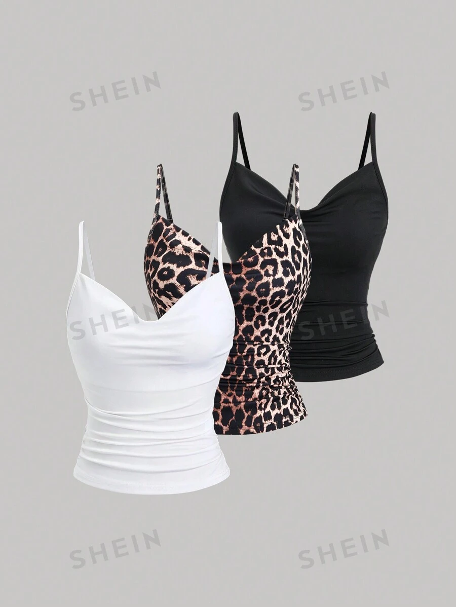 Sweetra Set 3 buc femei cu imprimeu leopard, decolteu în V, camisole, maiouri versatile, Y2K, imprimeu grafic cu ghepard