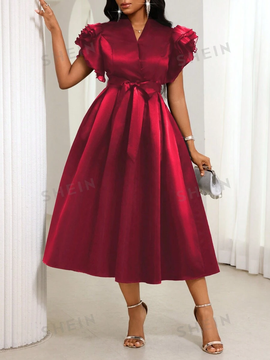 SHEIN Lady Vestido midi elegante y romántico de mujer con escote en V y mangas con volantes en negro