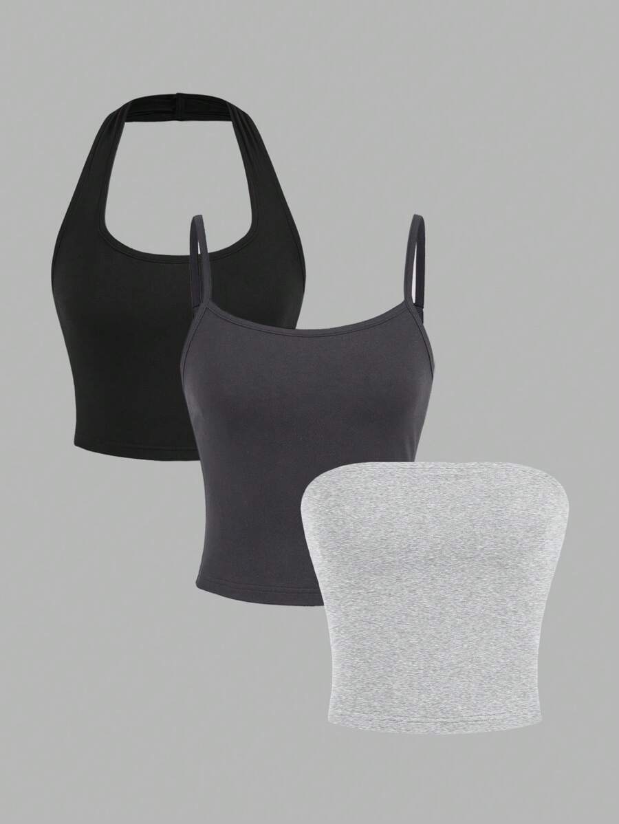 SHEIN EZwear 3-częściowy zestaw Basic Casual Sexy Ramiączka bez ramiączek i krótkie spodenki na wiosnę i lato