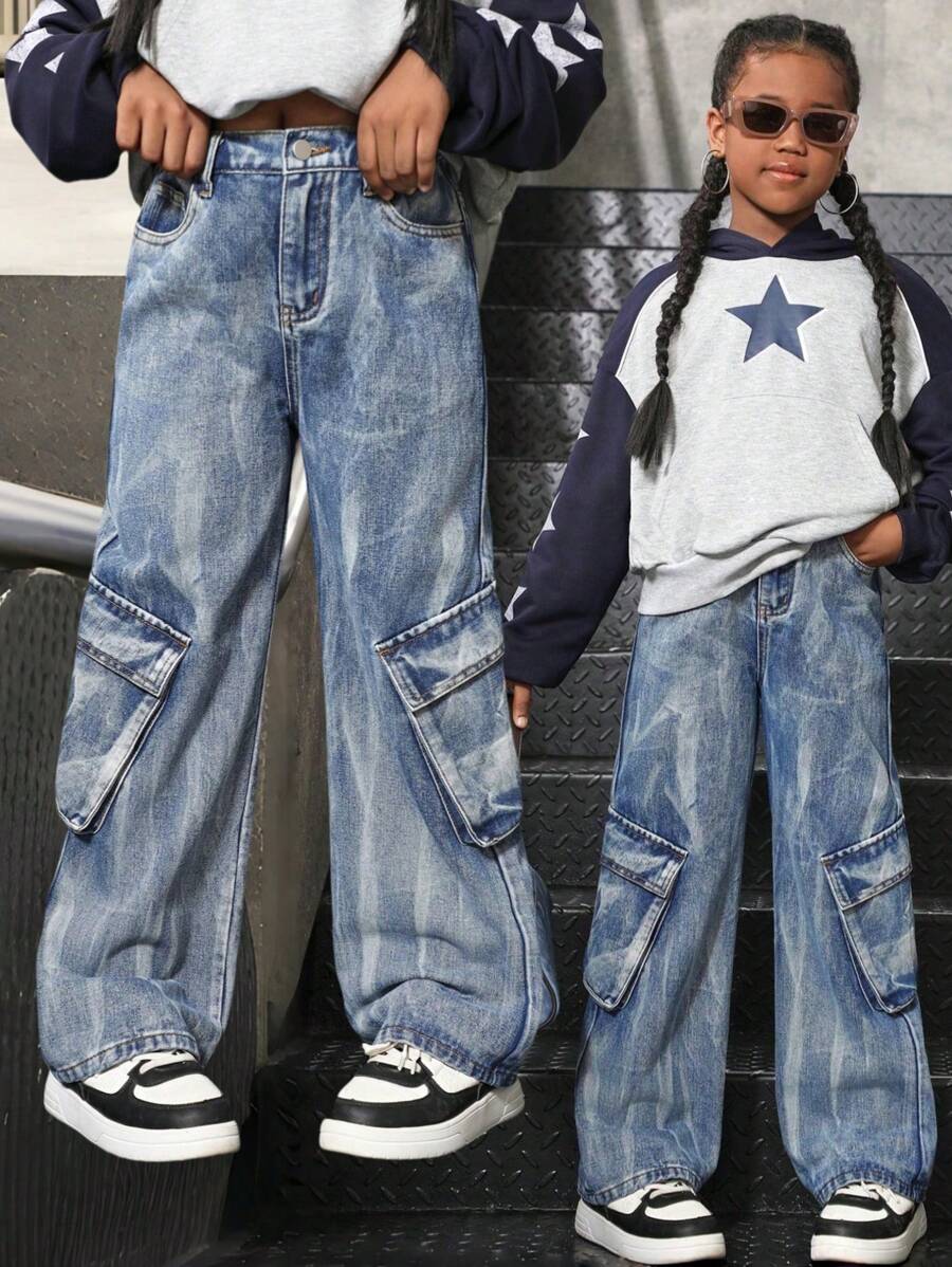 Tween Girl Casual Y2K Personality Slant Pocket Utility Washed Tie-Dye Loose Straight Leg Cargo Jeans, Streetwear Style