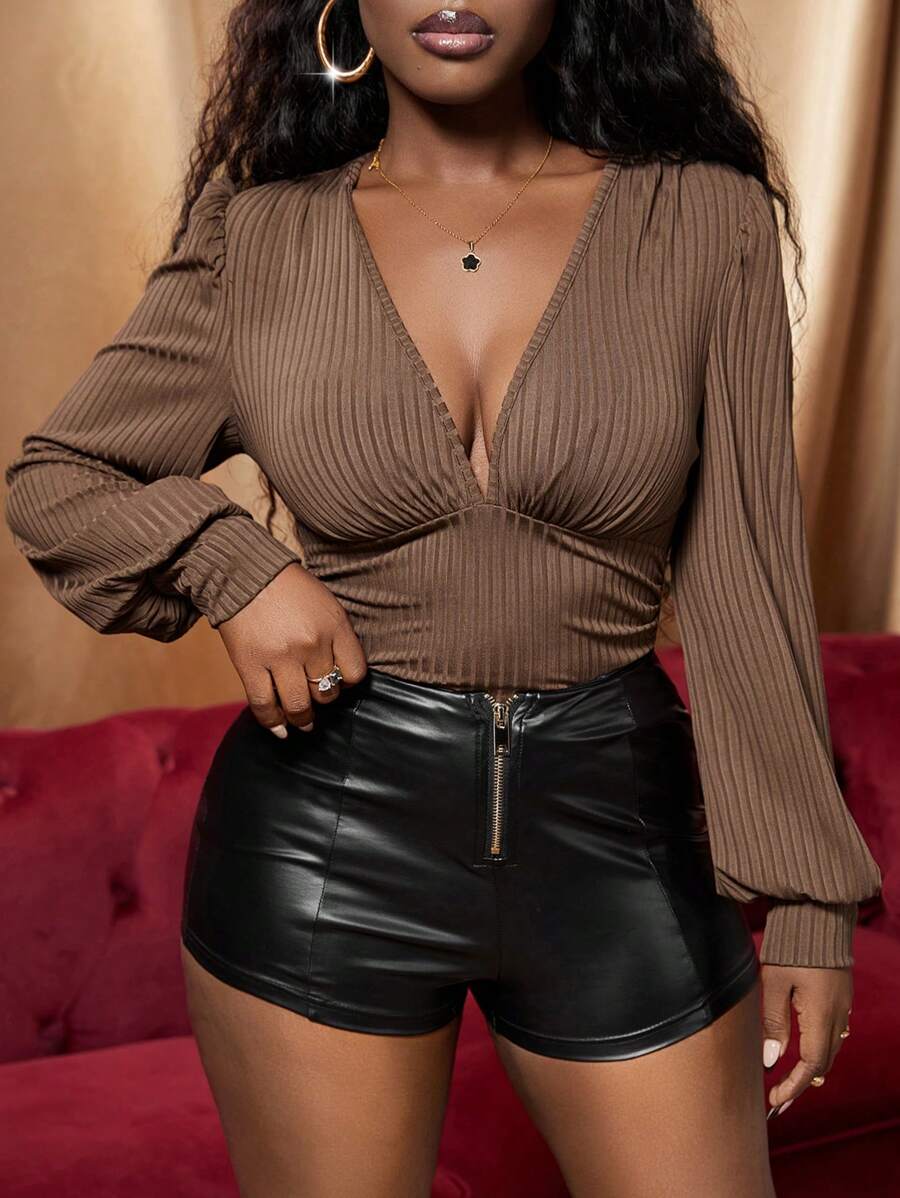 Slaydiva New Style Casual And Elegant Home V-Neck Puff Sleeves Long-Sleeved Waist Pleated Brown Ribbed Knitted Fabric Women's Bodysuit