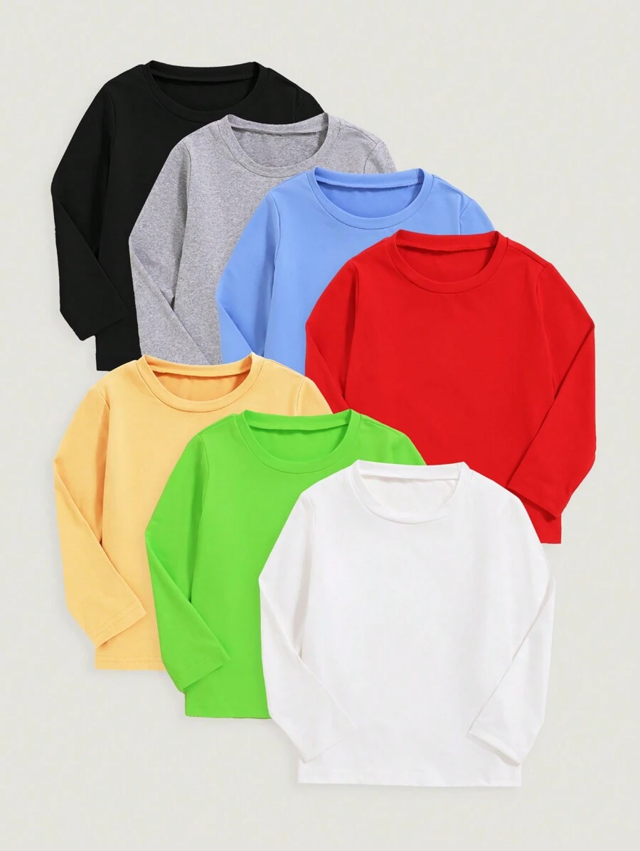 7 sztuk/opakowanie Młodzieżowy Chłopięcy Casual Jednolity Kolor Okrągły Dekolt Długi Rękaw T-shirt, Odpowiedni Na Wszystkie Pory Roku