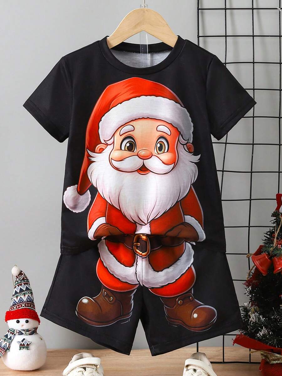 Young Boy Santa Claus Print Short Sleeve T-Shirt And Shorts Set, Adding A Festive Joyful Mood To The Summer Outfit, For Christmas
