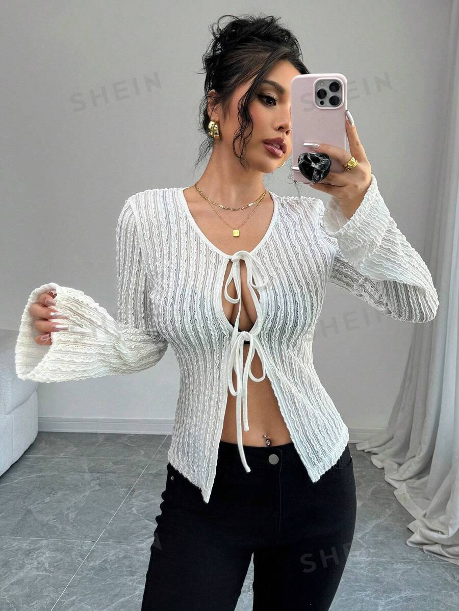 Calvaya Camiseta de manga larga, elegante, de ajuste slim, en unicolor con lazo estilo francés para mujer