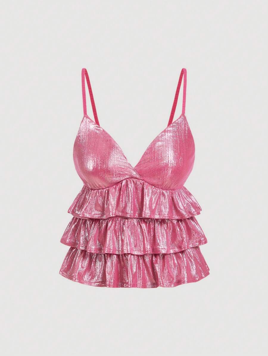 SHEIN MOD Top de tirantes rosa lindo con volantes superpuestos, tops de invierno, tops de fiesta, tops, tops de Nochevieja, Top rosa con volantes, Tops con rosa Emery