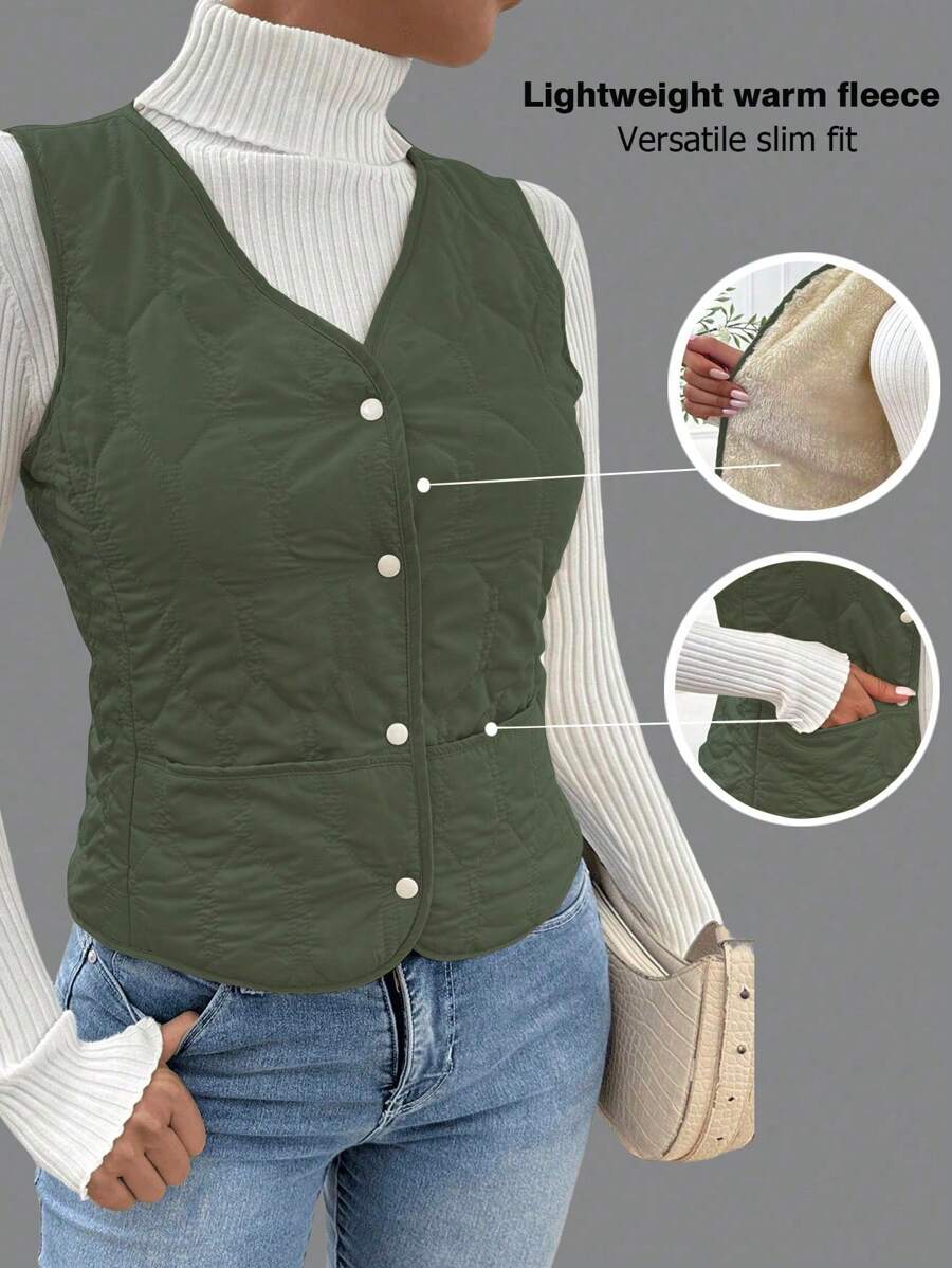 Chiquease Vrouwen Effen Voorkant Knoop Mouwloos Casual Gewatteerde Gewatteerde Jas Kleding Winter