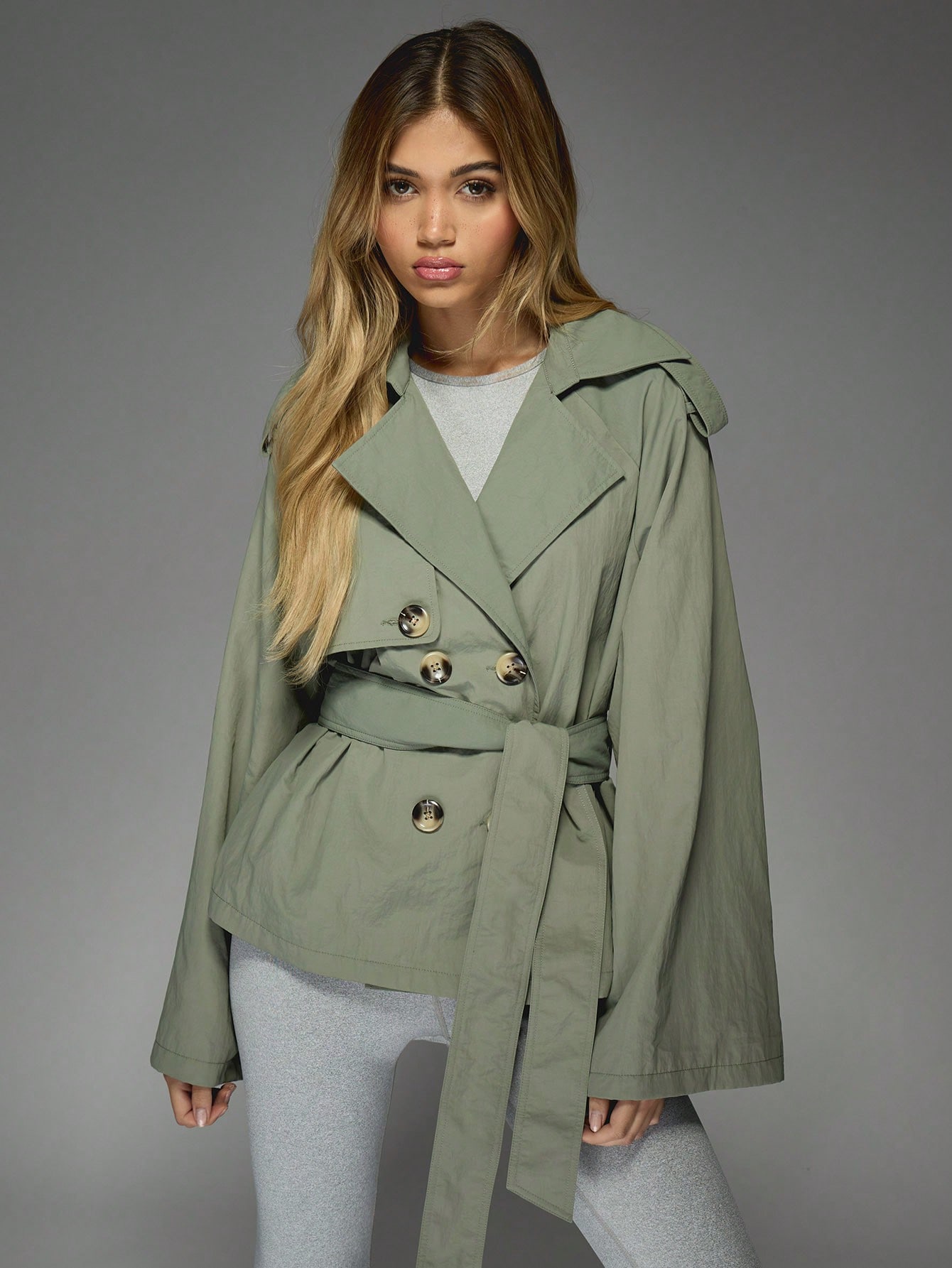 Cropped Double Breasted Trench Coat Wide Lapel Outerwear