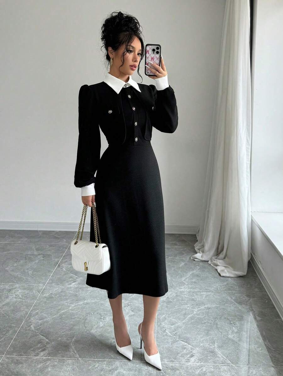 SHEIN PETITE 1pc Women Elegant Color Block Long Sleeve Button Front Midi Dress
