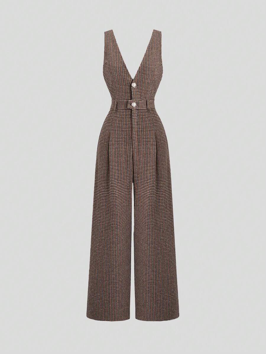 Sweetra Nuevo mono de mujer de corte evasé con cintura alta, estilo retro británico a cuadros y sin mangas, que estiliza y rejuvenece, para el otoño