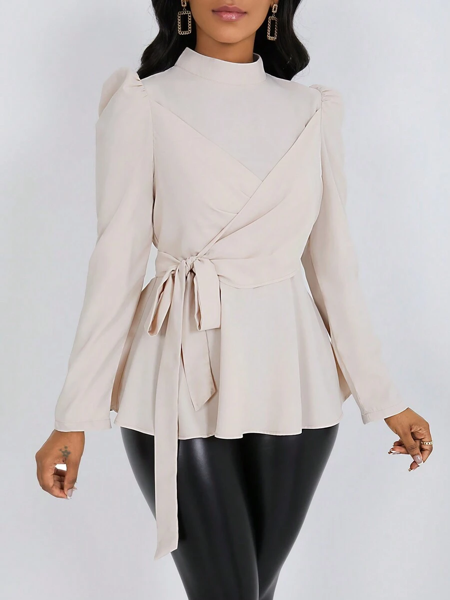 SHEIN Clasi Women Elegant Solid Puff Sleeve Tie-Wrap Shirt, Autumn Peplum Top