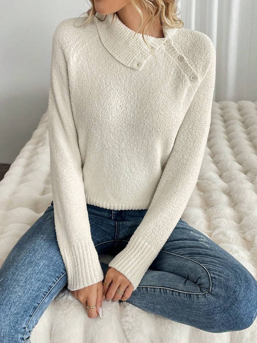 Calvaya 1 pieza Suéter elegante de color liso con cuello asimétrico y manga raglan