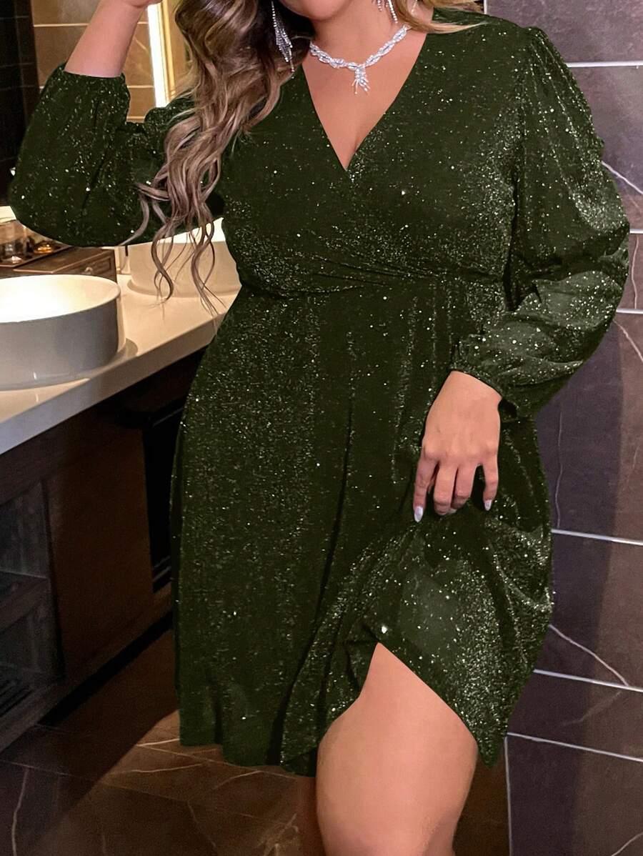 Allurite Plus Size V-Neck Crisscross Wrap Elegant Long Sleeve Dress