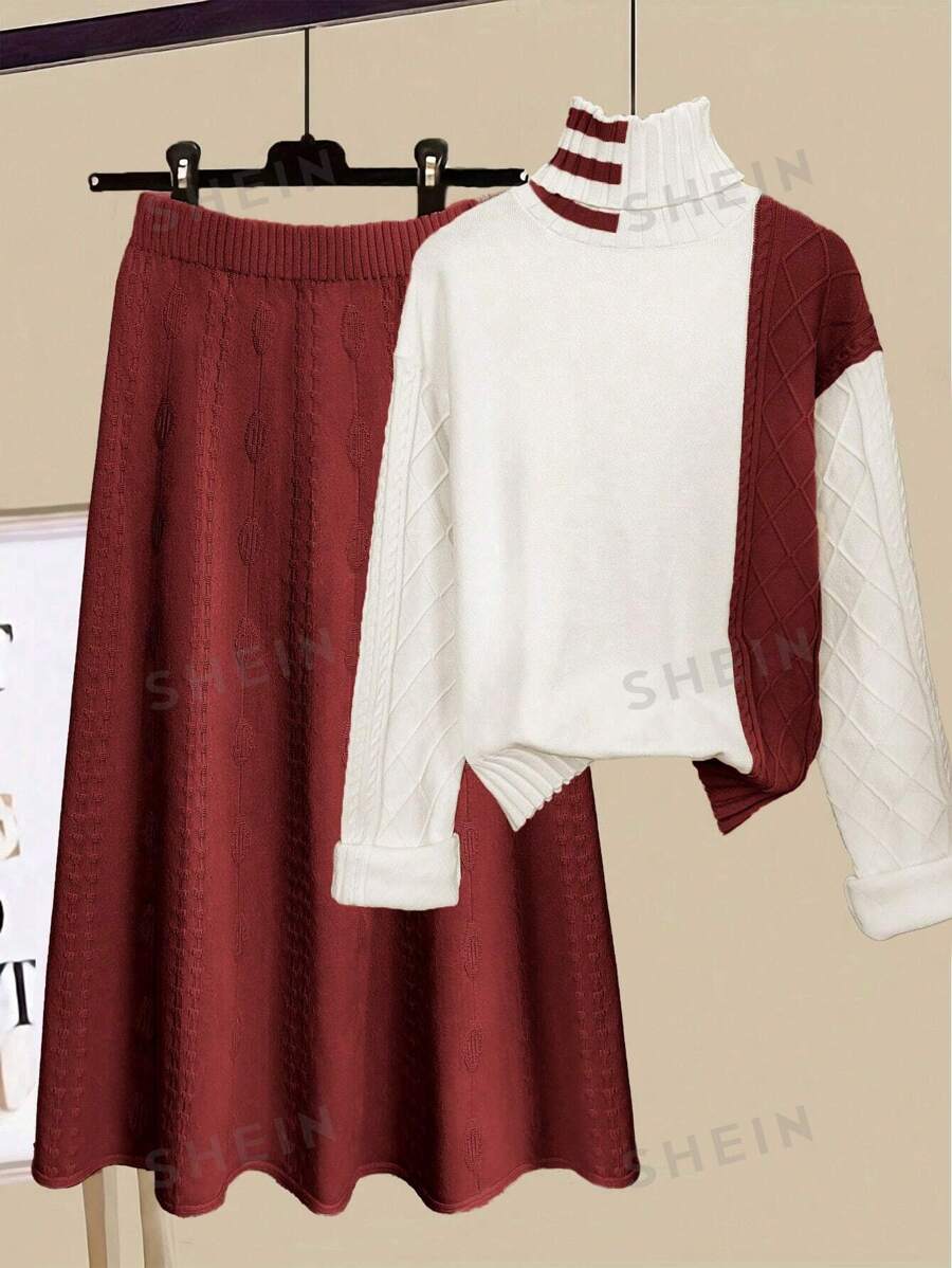 Calvaya Vestido largo elegante y de moda con escote en V, contraste de colores, lazo, manga con campana de cola de pez, para otoño/invierno, estilo europeo y americano