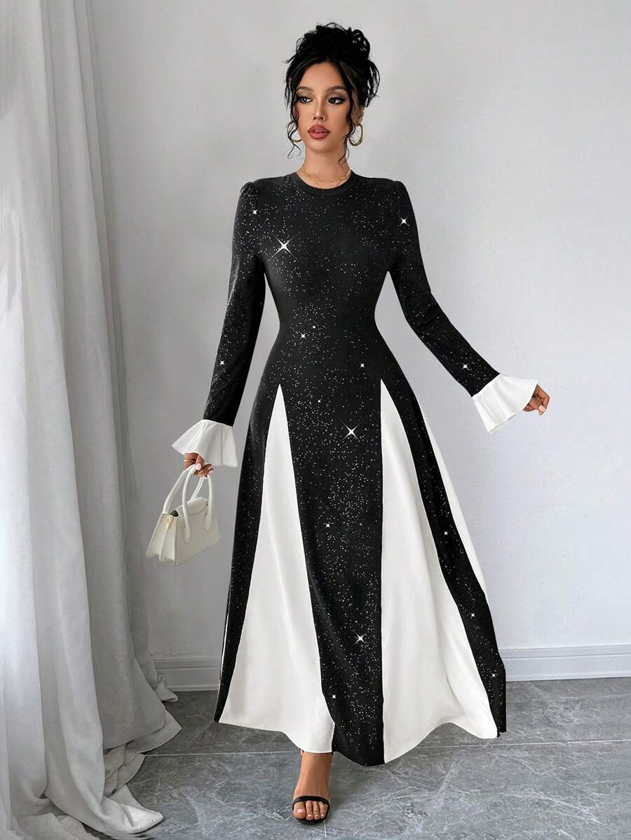 Calvaya Women's Elegant Glitter Splice Hem & Cuff Long Sleeve A-Line Dress, Autumn/Winter Maxi Women Outfit