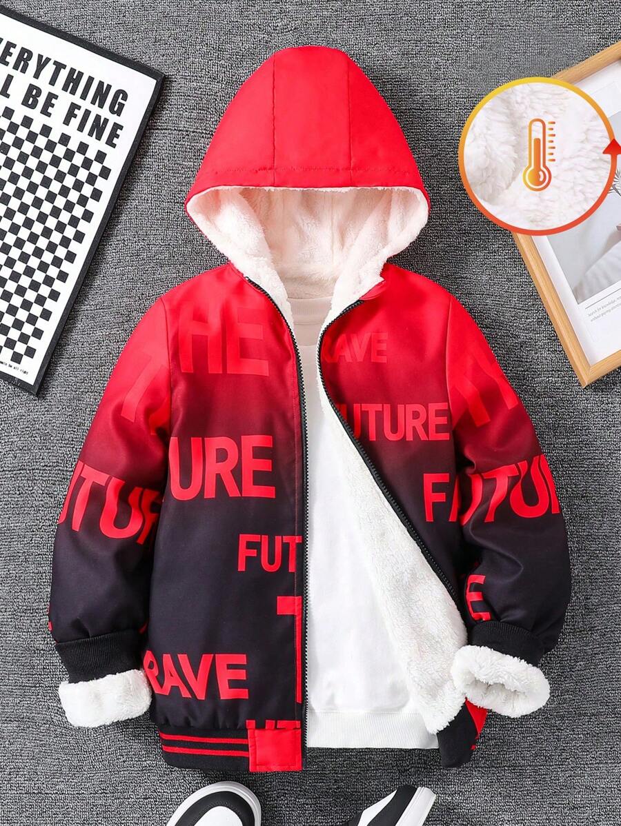 SHEIN Tween Boy Casual Outdoor Red Gradient Thermal Lined Jacket With Letter Prints, For Big Kids