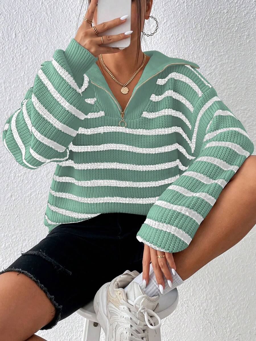 Flirla Women Casual Dropped Shoulder Striped Long Sleeve Pullover Sweater, Autumn/Winter