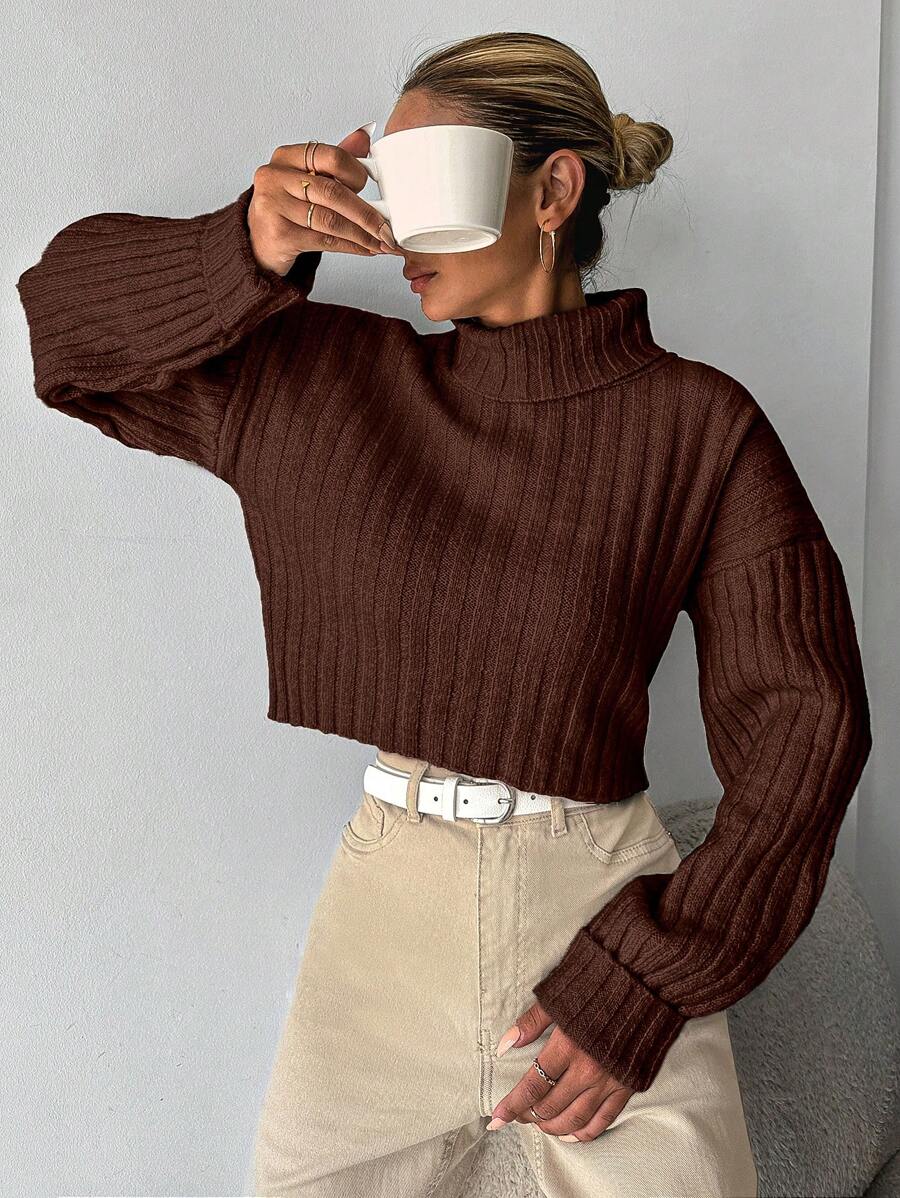 Women's Casual Solid High Neck Drop Shoulder Sweater, Suitable For Autumn/Winter