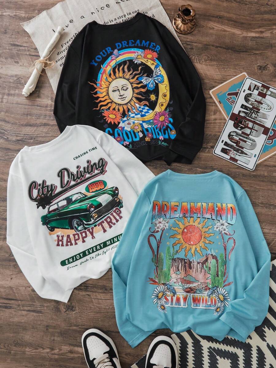Set de 3 camisetas de manga larga impresas de punto informal y de moda para niños preadolescentes