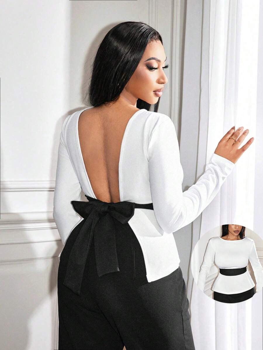VaVaBold BamGleam Elegante Camiseta de manga larga con diseño de lazo y espalda abierta para mujer, para uso en oficina. Vestidos blancos para mujer con lazo, atuendo para primavera